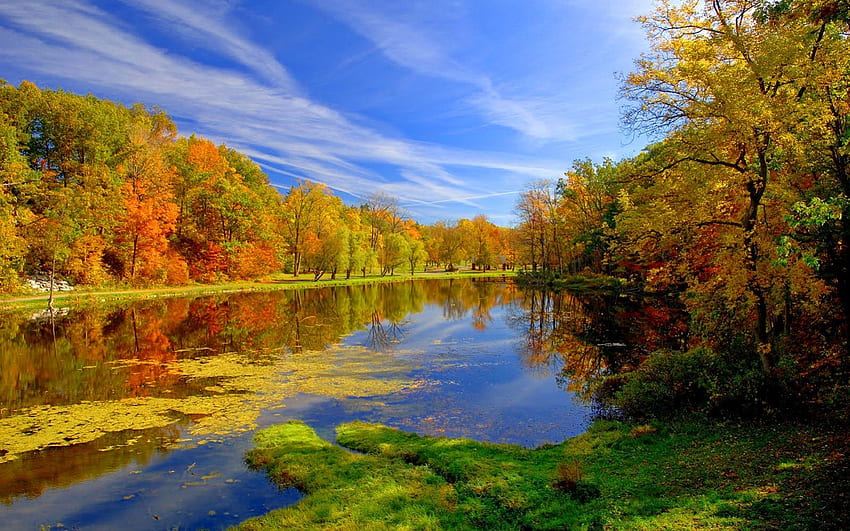 Paisagem de outono, rio, serenidade, bom, costa, árvores, outono, agua, calma, cair, paisagem, bonita, lago, caindo, ramos, nuvens, natureza, céu, adorável, folhagem papel de parede HD