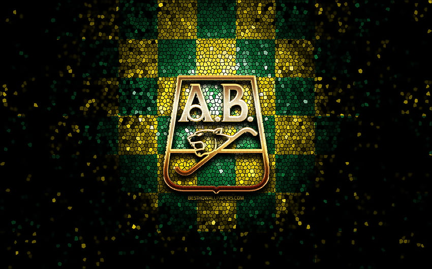 Atletico Bucaramanga FC, logo gemerlap, Categoria Primera A, latar belakang kotak-kotak kuning hijau, sepak bola, klub sepak bola Kolombia, logo Atletico Bucaramanga, seni mosaik, sepak bola, Atletico Bucaramanga, liga sepak bola Kolombia Wallpaper HD