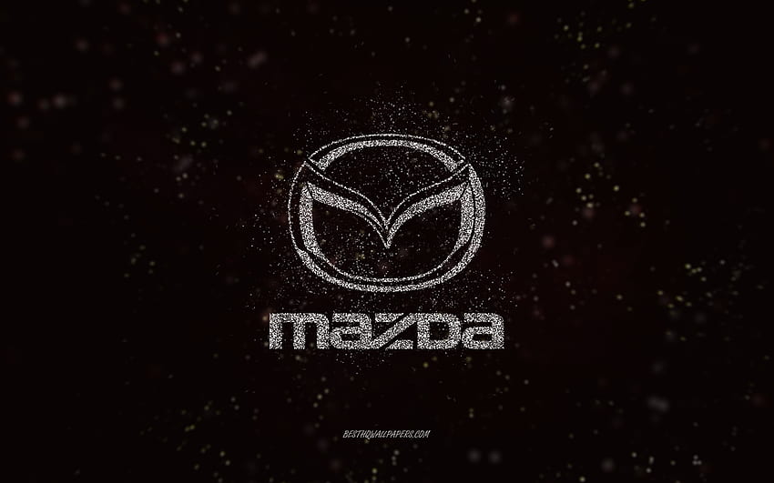Mazda glitter logo, fundo preto, Mazda logo, branco glitter art, Mazda, arte criativa, Mazda white glitter logo papel de parede HD
