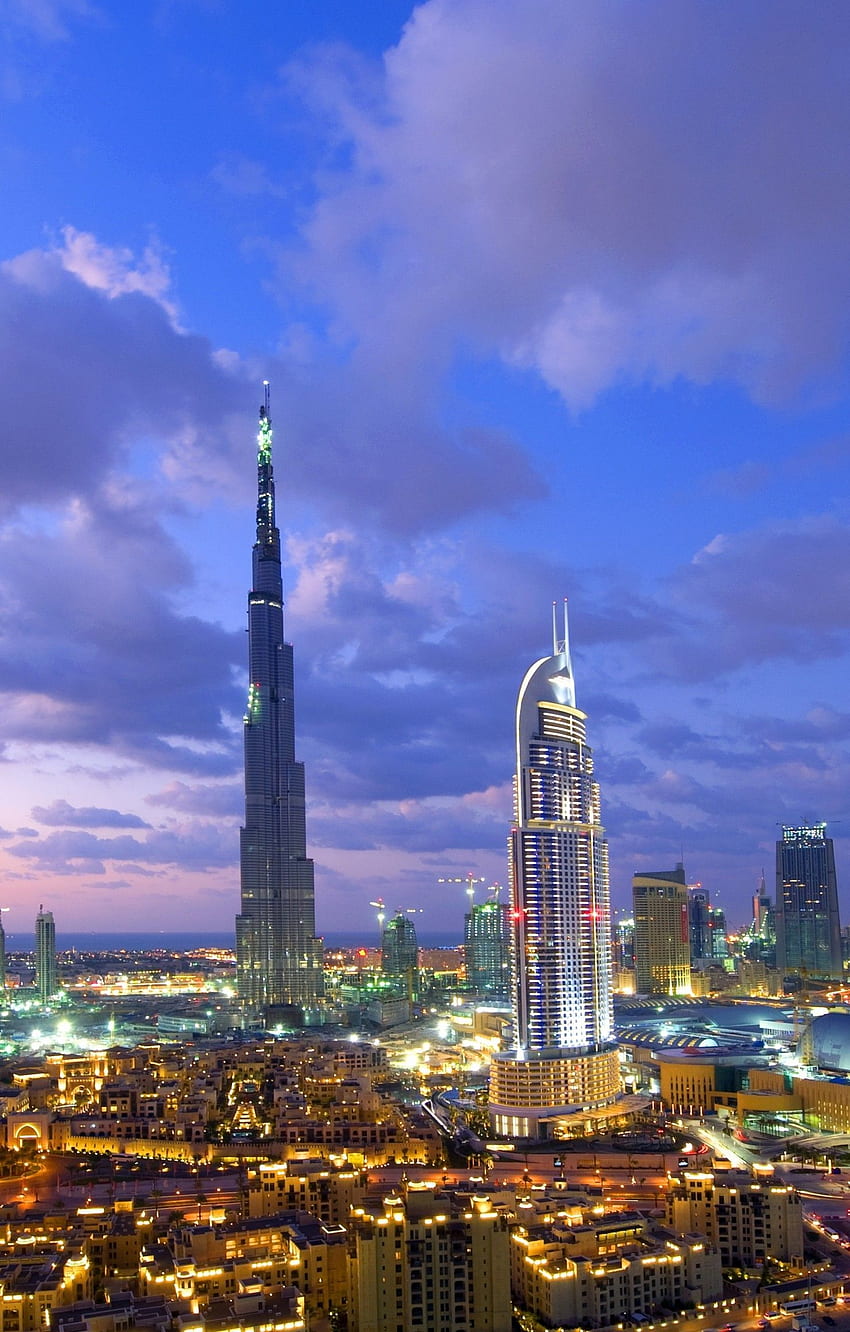 Изглед към сградата на Дубай Burj Khalifa City Lights Retina - Обединени арабски, сгради в Дубай HD тапет за телефон