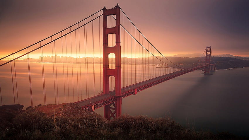 sunrise, ocean, landscapes, Sun, cityscapes, bridges, Golden Gate Bridge, California, San Francisco, morning, skyscapes HD wallpaper