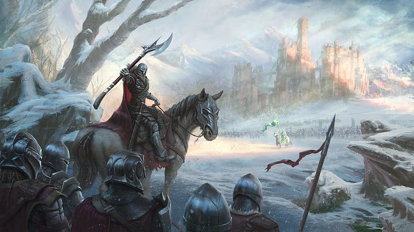 замък крал зима сняг рицар кон армията битка готино HD тапет