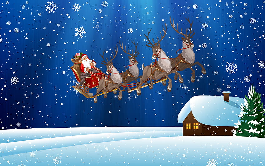 Santa, blue, reindeer, craciun, christmas, house, card HD wallpaper