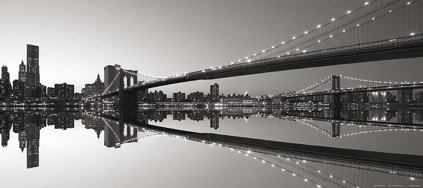 Pont de Brooklyn avec réflexion New York City au crépuscule Papier peint noir et blanc non tissé fabriqué en Europe pour salon salle familiale chambre salle de jeux, 6'8 (H) x 3' (V) (cm) Fond d'écran HD