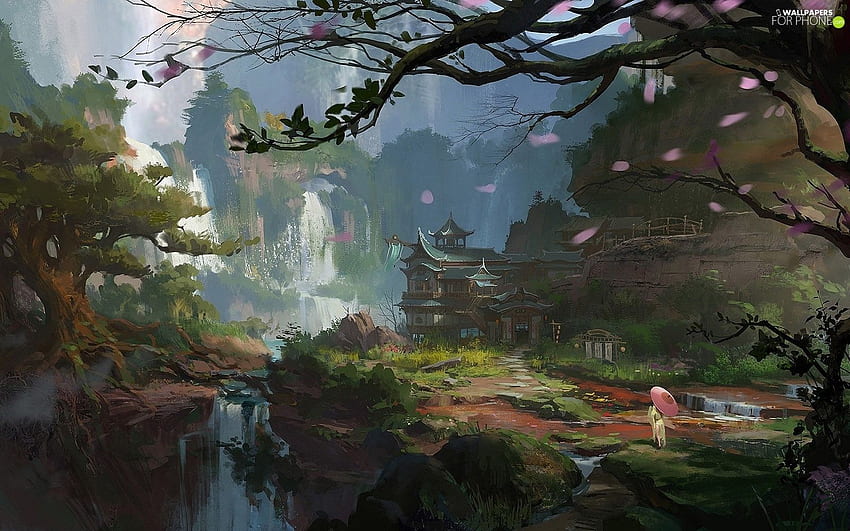 Gemälde, Berge, Fluss, Mädchen, Regenschirm, japanisch, Japan House HD-Hintergrundbild