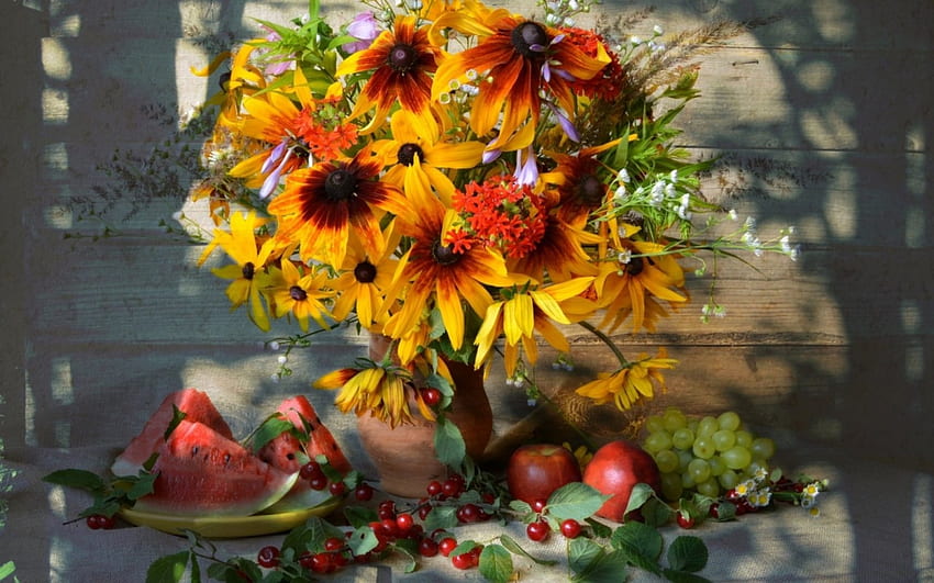 Still Life, summer, fruits, flowers, shadow HD wallpaper