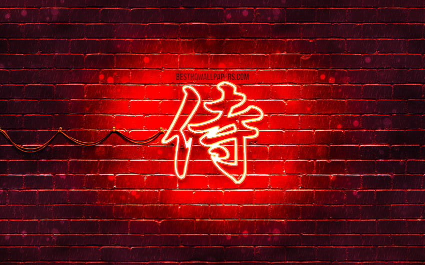 Samurai Kanji hieroglyph, , neon japanese hieroglyphs, Kanji, Japanese Symbol for Samurai, red brickwall, Samurai Japanese character, red neon symbols, Samurai Japanese Symbol for with resolution . High Quality HD wallpaper