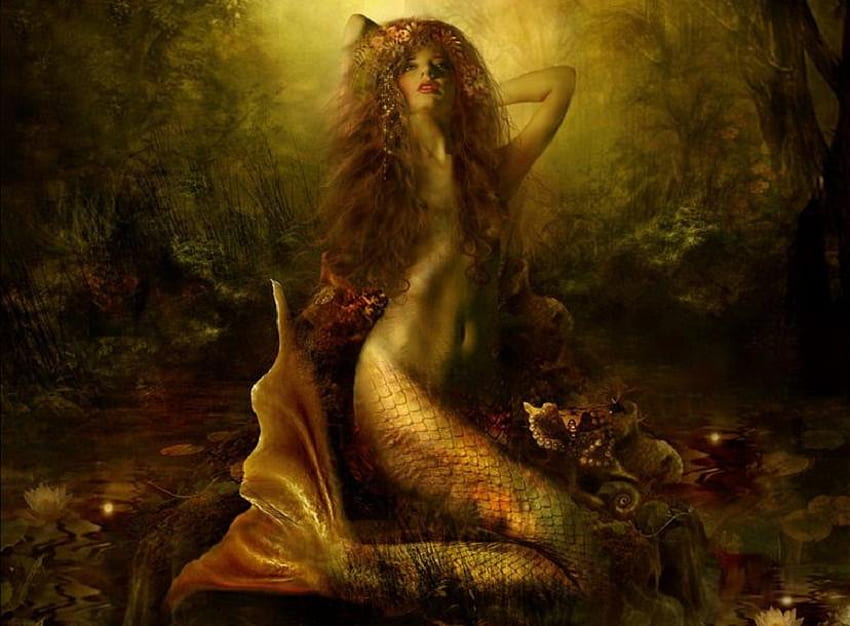 Mermaid Of The Lake นางเงือกแฟนตาซี สวยงาม ป่า ทะเลสาบ วอลล์เปเปอร์ HD