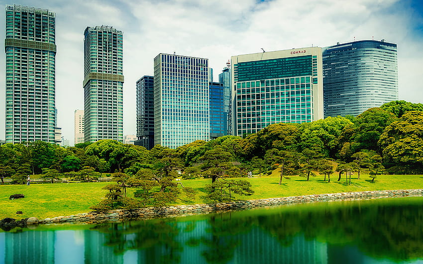 Tokio, nowoczesny budynek, słoneczny dzień, obszar miejski, japońskie miasta, park, Japonia, Azja Tapeta HD