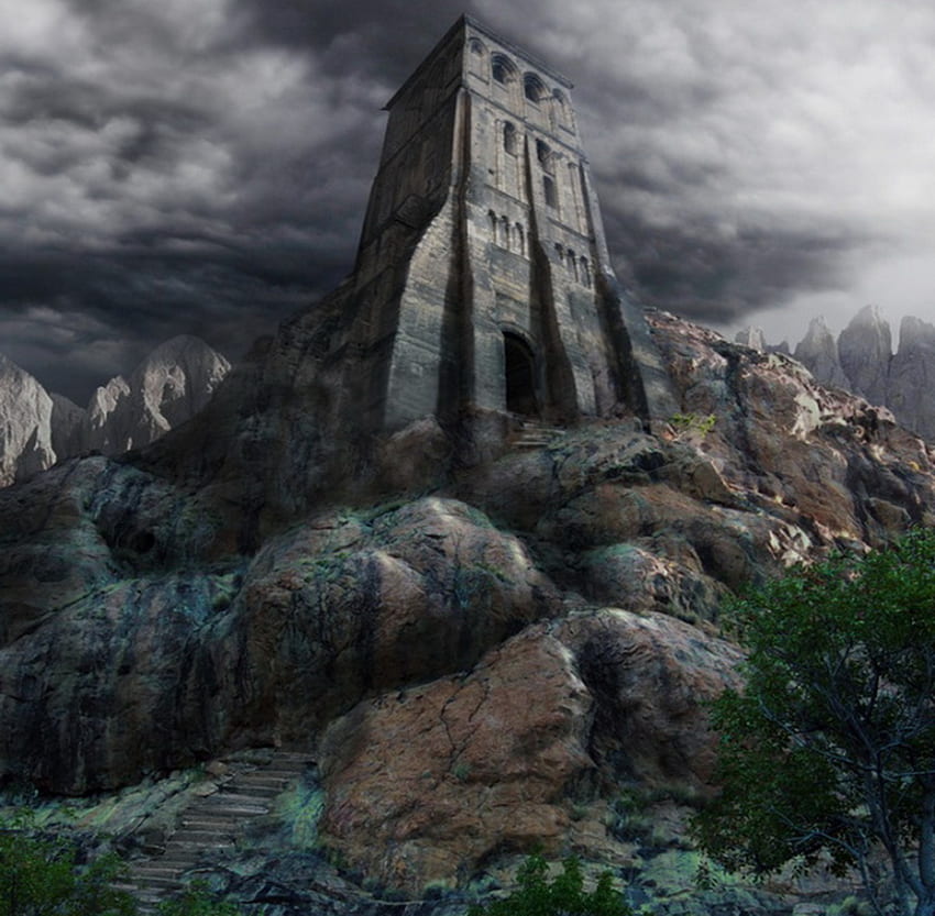 menara yang terlupakan, tangga, abstrak, fantasi, menara, gunung Wallpaper HD