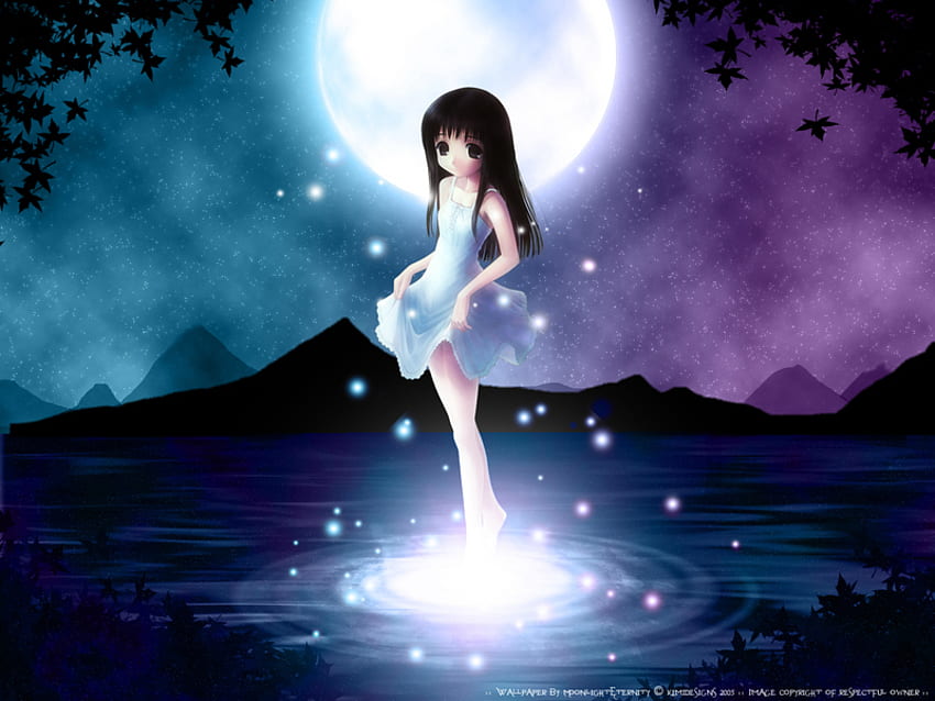 Anime, glow, moon, shine, sparkles, water HD wallpaper