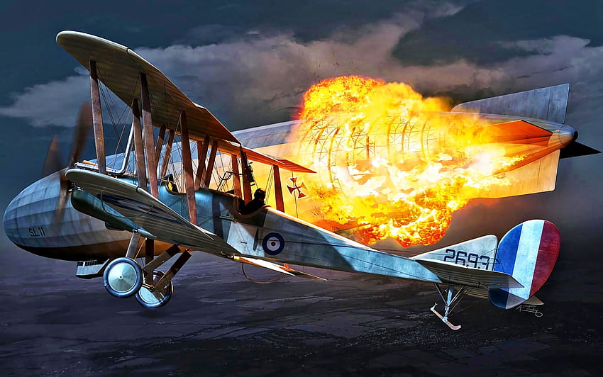火災、爆発、複葉機、飛行船、第一次世界大戦、王立航空機工場、B.E.2C、セクション航空。 航空機, ビンテージ航空機アート, 複葉機, WW1 飛行機 高画質の壁紙
