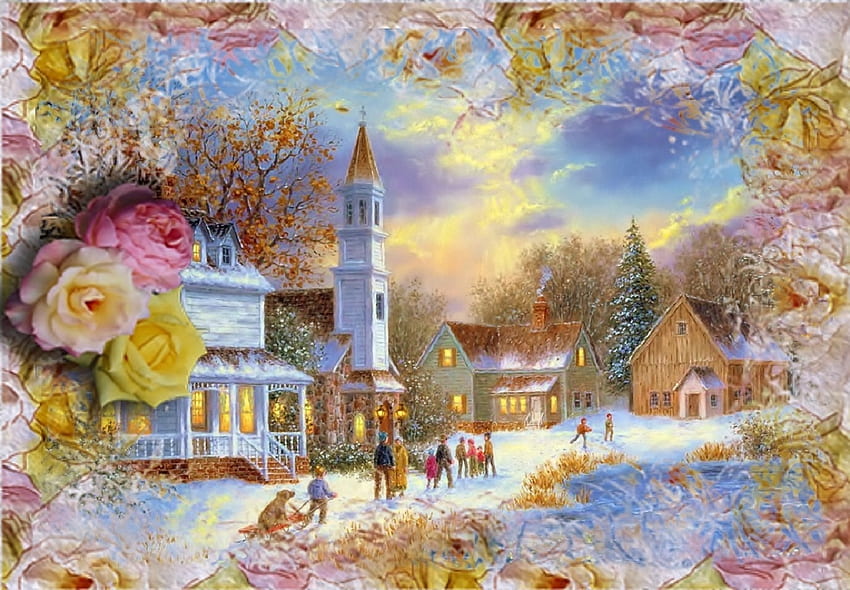 Tiempos felices, azul, pastel, invierno, blanco, rosas, pueblo, gente, casas, rosa, pintura, torre, nieve fondo de pantalla