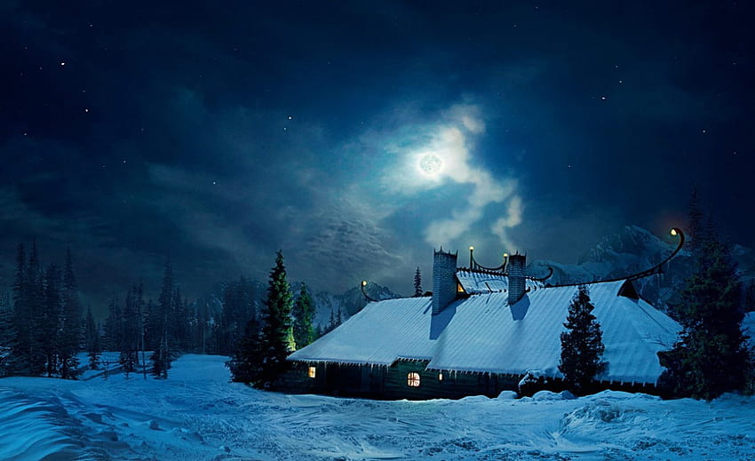Winter night, night, winter, house, cold, beautiful, dusk, nice, cabin, light, snow, nature, cottage, lovely, evening, village HD wallpaper