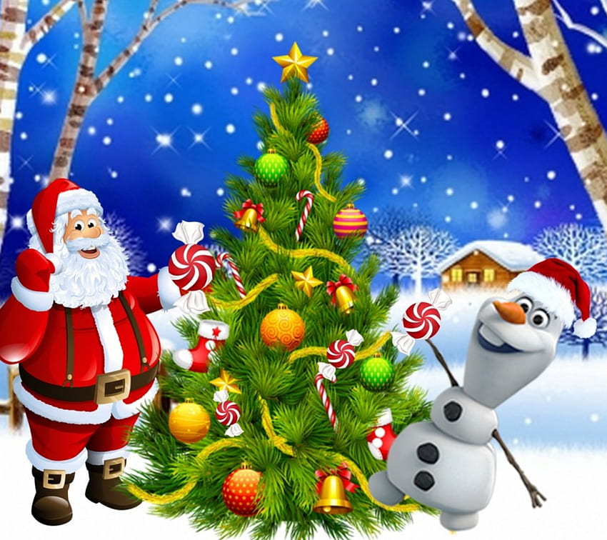 Feliz Navidad, Árboles, casa, Nevado, muñeco de nieve, copos de nieve, Invierno, nieve, Vacaciones, decoraciones, árbol de navidad, Olaf, santa, sombrero fondo de pantalla
