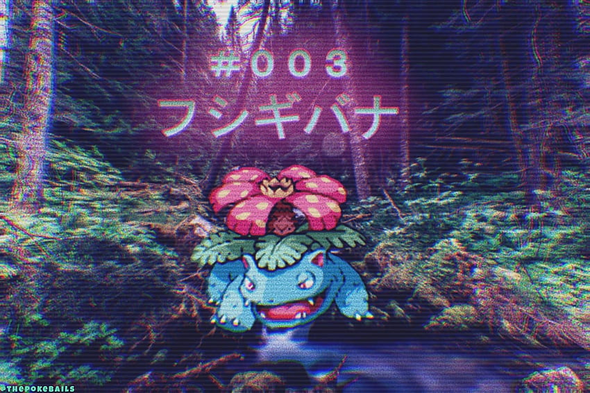 / Pokémon, Venusaur, Vaporwave, Wald, Natur, Bach, Landschaft, Pflanzen, Japanisch, Nintendo HD-Hintergrundbild