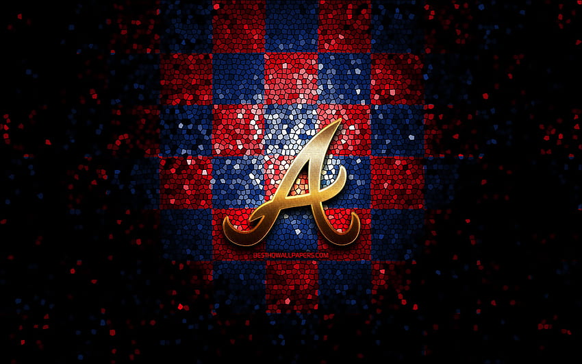 Godło Atlanta Braves, brokatowe logo, MLB, czerwono-niebieskie tło w kratkę, amerykańska drużyna baseballowa, Major League Baseball, mozaika, baseball, Atlanta Braves Tapeta HD
