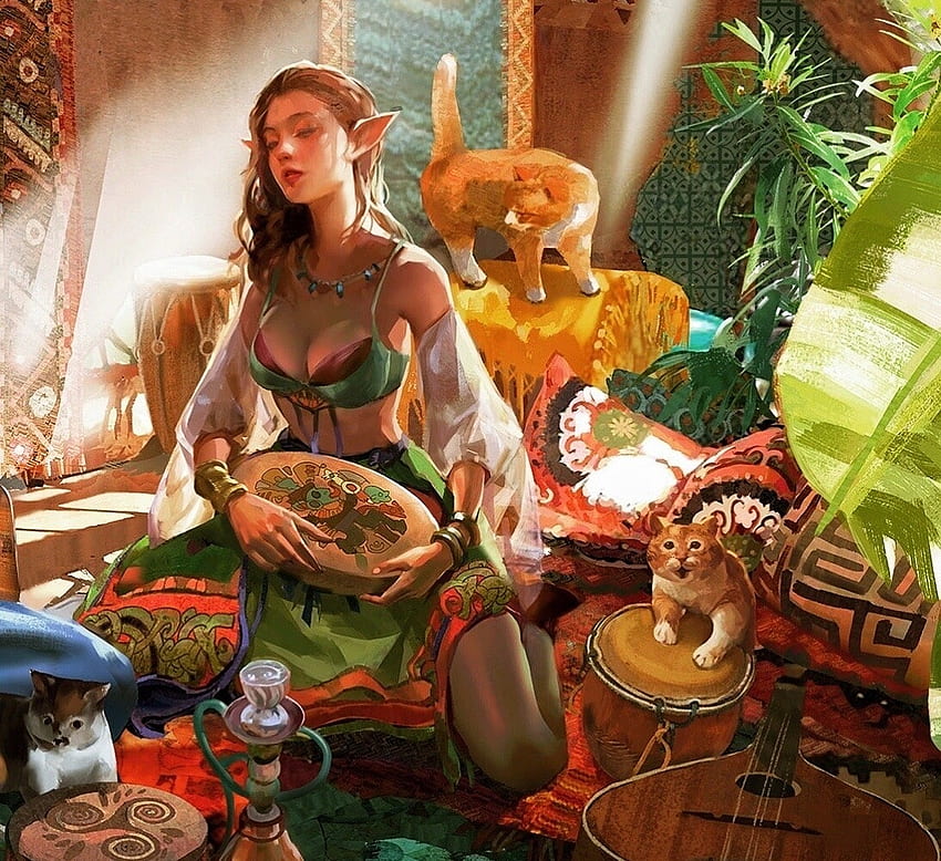 Lazy afternoon, fantasy, amber ye, art, green, girl, cat, orange, frumusete, instrument, pisici HD wallpaper