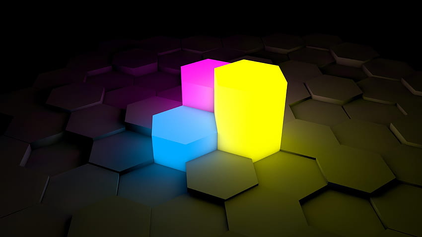 3D, blocks, blue, pink, yellow, dark, abstract, hexagon, shining. Hexagon , 3D , , Neon Blue 3D HD wallpaper