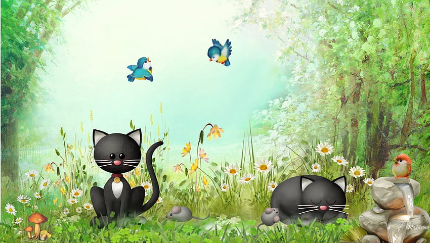 Amigos y enemigos, pájaros, gatito, ratones, primavera, gatitos, verano, ratón, verde, fuente, flores, caprichoso, caats fondo de pantalla