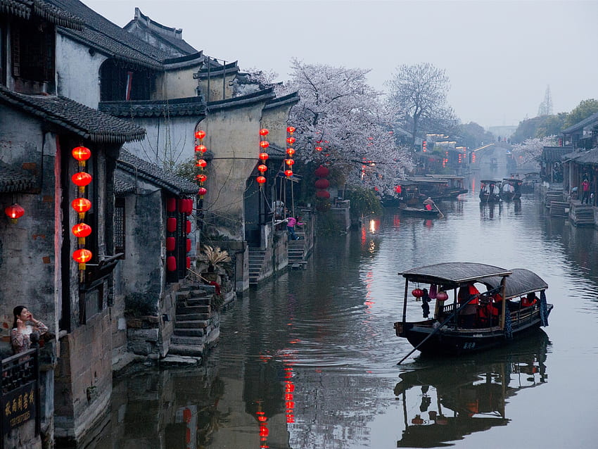 中国、村、川、春、花、雨の村 高画質の壁紙