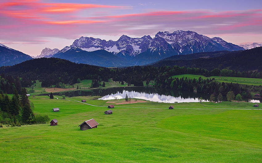 Deutschland Bayern Landschaft, Berge Alpen, Wald, Gras, Alpy Tapeta HD