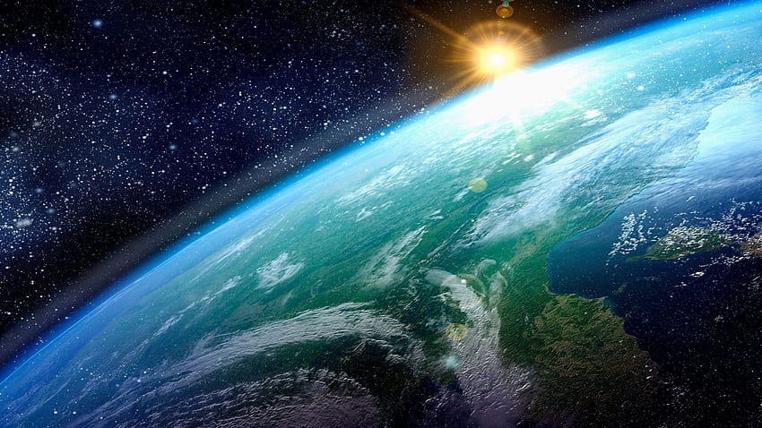 earth, sun, planet, surface, stars 16:9 background, Sun and Earth HD wallpaper