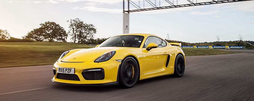 Porsche, cayman, gt4, yellow, side view ultrawide monitor background HD ...