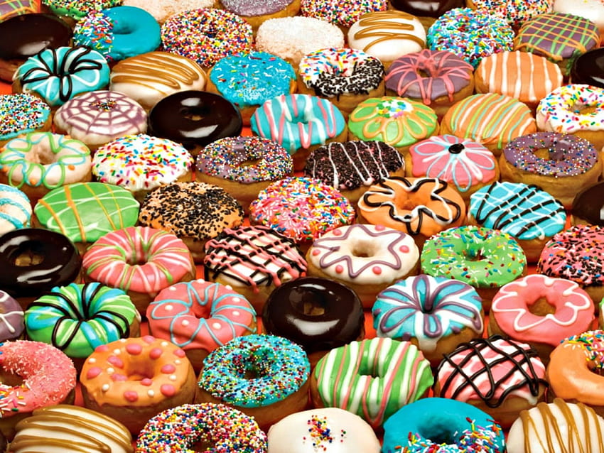 ドーナツ、青、甘い、チョコレート、デザート、食品、キャンディー、ピンク、緑、ドーナツ 高画質の壁紙