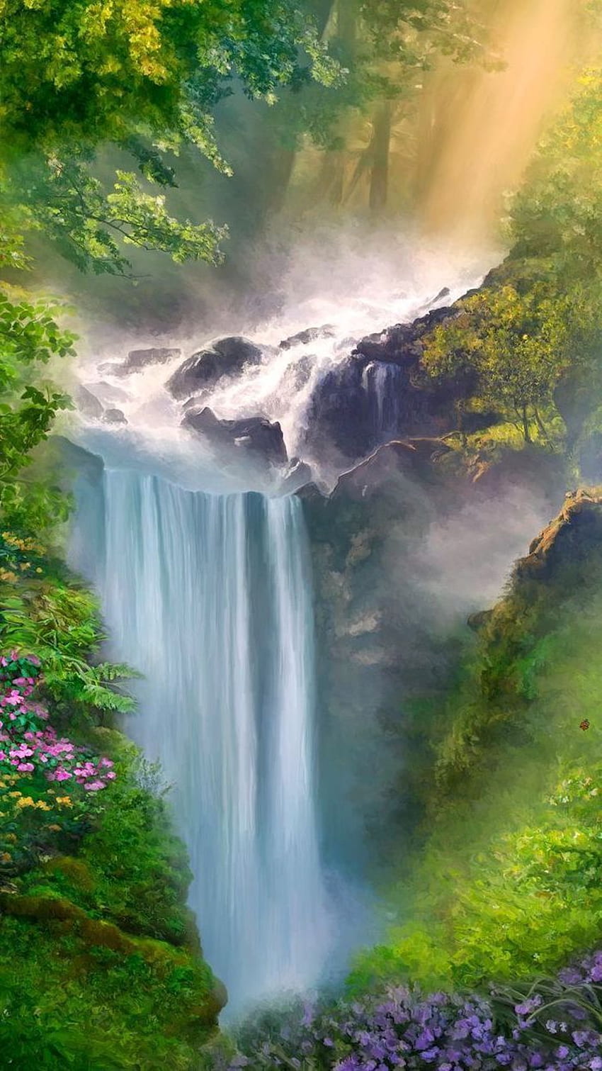 pintura de uma cachoeira, cercada por vegetação, primavera, papel de parede do telefone::Clique aqui para w. primavera , paisagem , primavera Papel de parede de celular HD