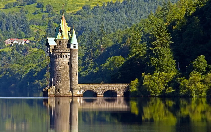 Vyrnwy Tower, Wales, reflection, tower, bridge, medieval, castle, forest HD wallpaper