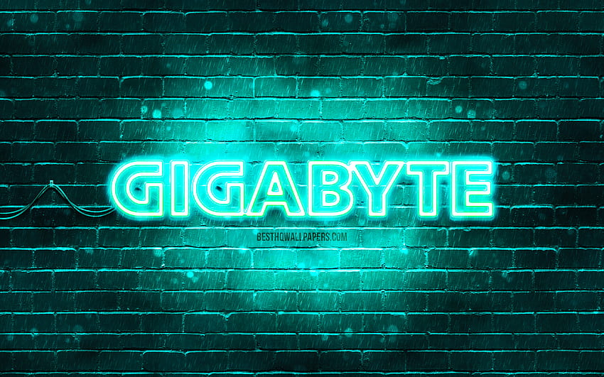 Logo pirus Gigabyte, , brickwall pirus, logo Gigabyte, merek, logo neon Gigabyte, Gigabyte Wallpaper HD