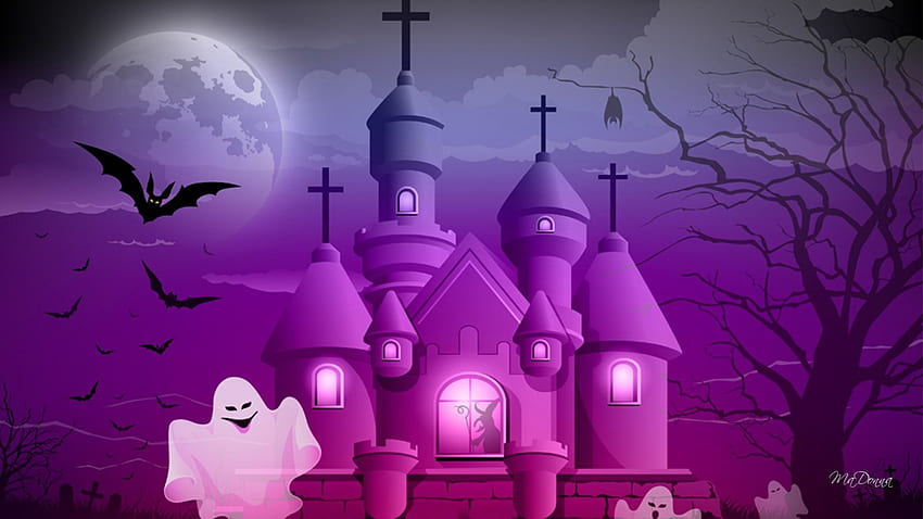 Duchy i nietoperze, duchy, różowy, księżyc, Halloween, nietoperze, katedra, czarownica Tapeta HD