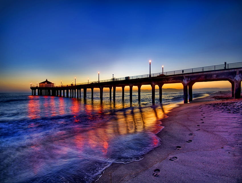 Sunset pier, night, blue, colorful, sand, colors, pier, dusk, reflections, sunrise, nice, beach, twilight, shore, waves, water, ocean, sunset, sea, sundown, beautiful, summer, purple, pretty, lights, clouds, nature, sky, lovely, evening HD wallpaper