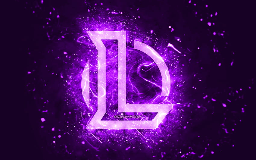 League of Legends violet logo, , LoL, violet neon lights, creative, violet abstract background, League of Legends logo, LoL logo, online games, League of Legends HD wallpaper