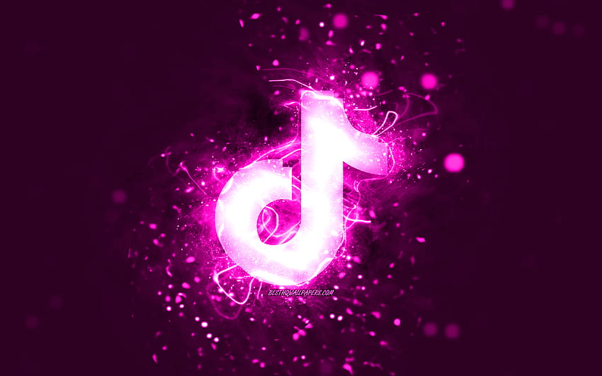 Logo ungu TikTok, , lampu neon ungu, kreatif, latar belakang abstrak ungu, logo TikTok, jejaring sosial, TikTok Wallpaper HD