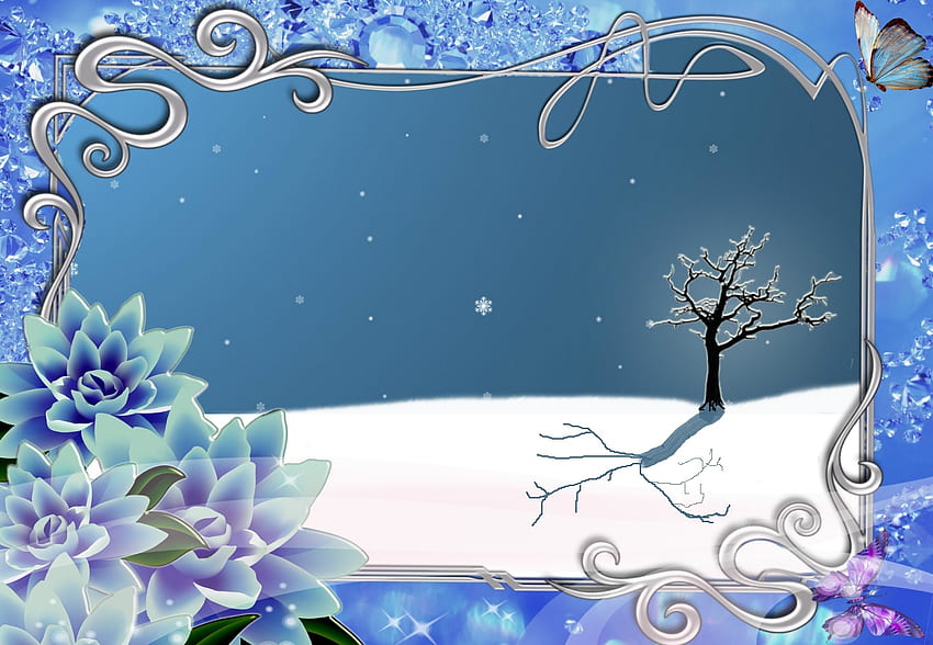 孤独な木、夜、青、冬、白、シルエット、星、影、抽象、雪、木、自然 高画質の壁紙