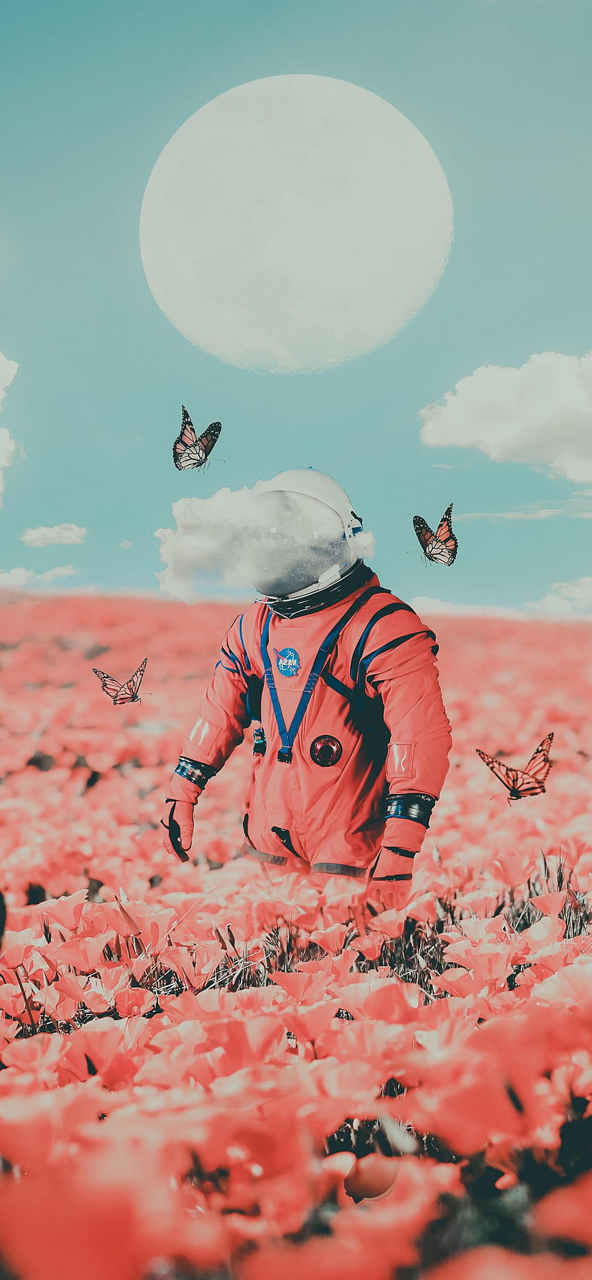Astronaut, NASA, Blumengarten, Schmetterlinge, Surreal, Mond, Wolken, Fantasie HD-Handy-Hintergrundbild