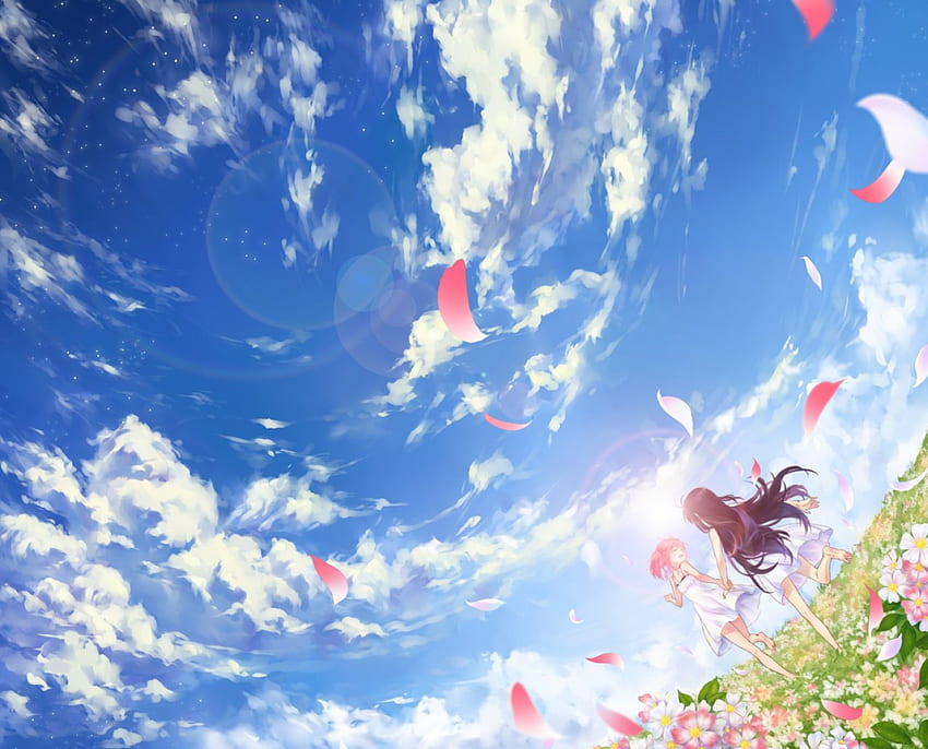 A place in heaven, sky, girls, flowers, running HD wallpaper