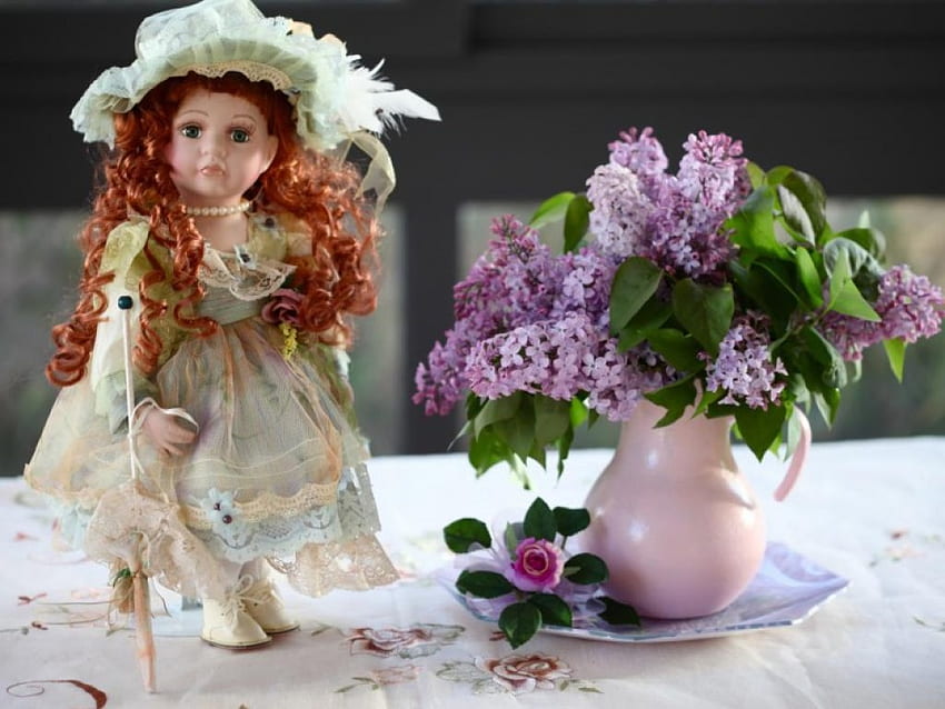 Doll and basket of flowers, soft, beautiful, beauty, basket, delicate, doll, petals, flower, nature, blooms, lovely HD wallpaper