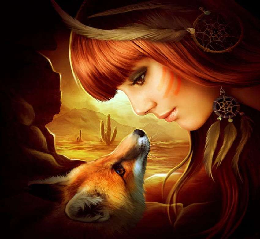 Red, fox, fantasy, woman HD wallpaper