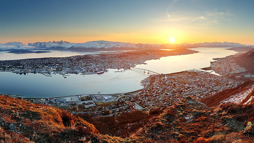 Norwegia Tromso matahari terbit dan terbenam Bay Pier Cities, Tromsø Wallpaper HD