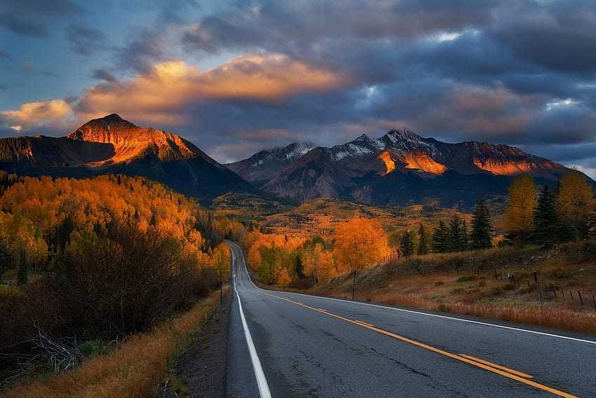 Road to Fall Montanhas, Estradas, Outono, Natureza, Montanhas, Folhagem, Outono papel de parede HD