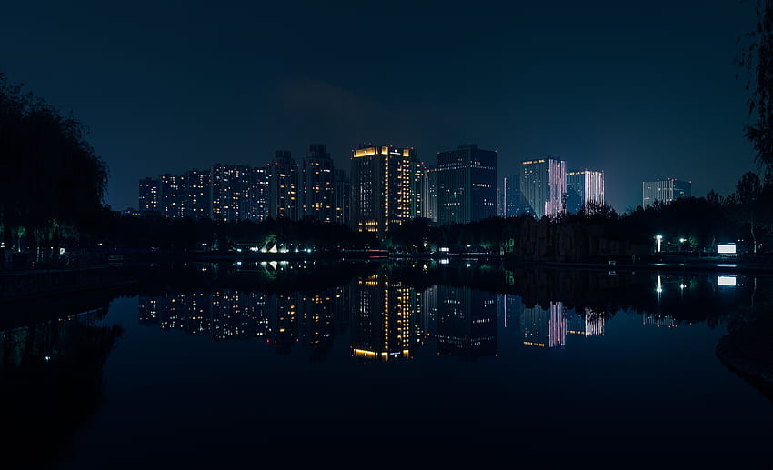 Градове, реки, сграда, отражение, нощен град, панорама HD тапет