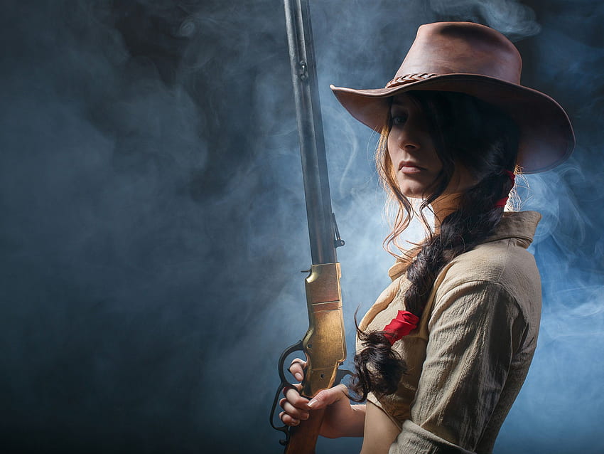 Wild west girl, rifle in hands, cowboy hat U HD wallpaper