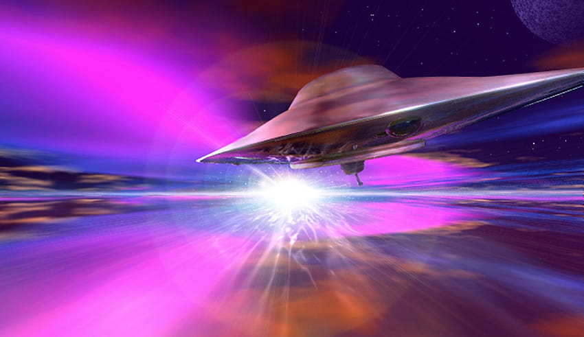 Nova-Sturm, rosa Meer, rosa Himmel, Raumschiff HD-Hintergrundbild