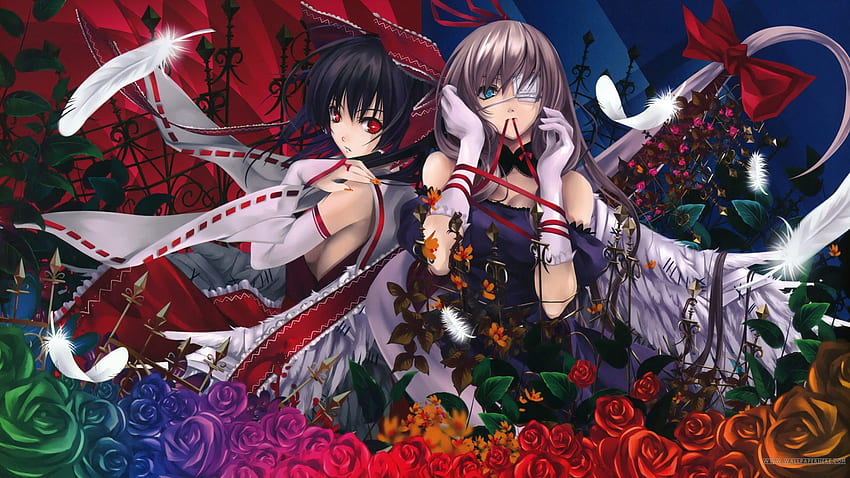 Tied by a Red String, white, roses, eyepatch, priestess, fate, beautiful, purple, feather, string, delicate, magical, red, lolita HD wallpaper