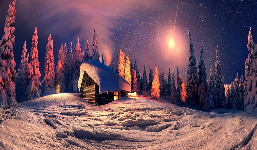 Коледа, зима, нощ, сняг, коледа, вила HD тапет
