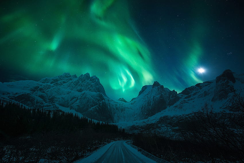 Straße, Berge, Aurora Borealis, Natur HD-Hintergrundbild