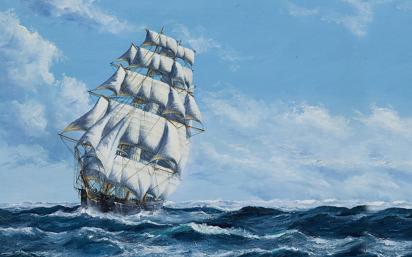 water sky clouds sailing ship painting sea waves , Background HD wallpaper